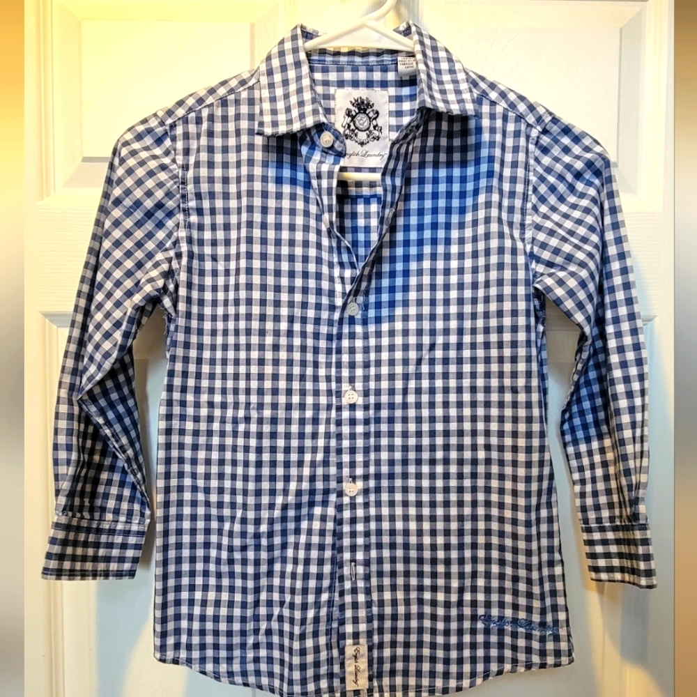 English Laundry, Boys size 8 long sleeve, button down shirt, blue/white checkers